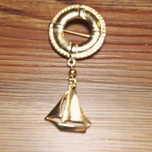 Premier Designs Nautical Pin Brooch Gold Tone Lifesaver Sailboat Vintage
